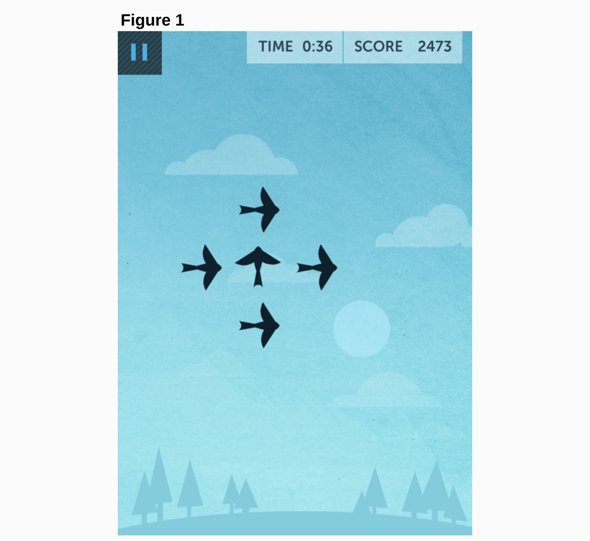 The Lost In Migration Game Interface. The apperance of single trial of the game. The user responds by indicating the direction of the central target bird (in this case - up).